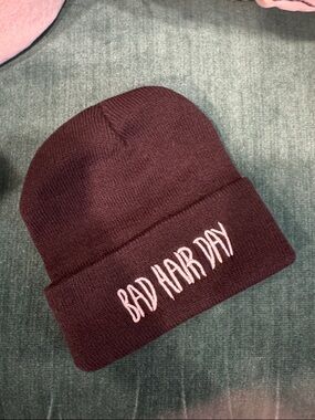 NWT "Bad Hair Day" Embroidered Knit Beanie - Black NEVER WORN